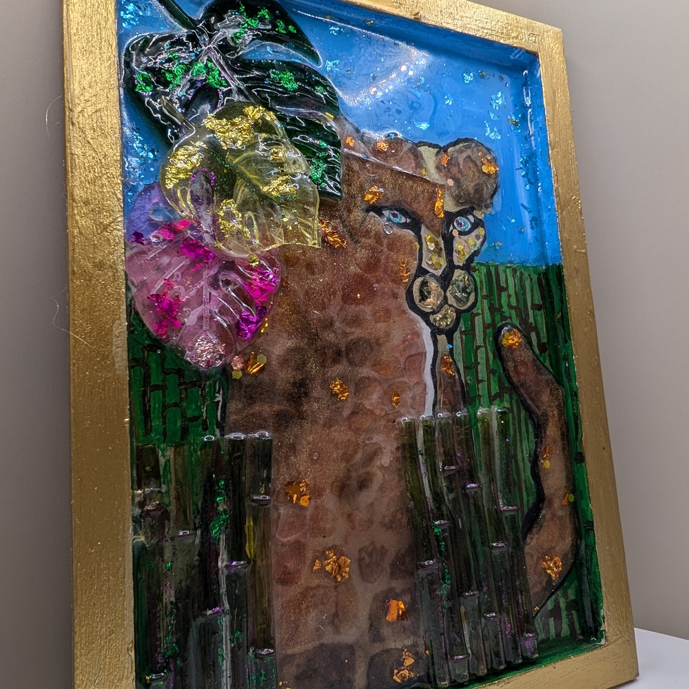 Hand Made Colorful Abstract Cheetah Resin Mixed Media Gold Frame